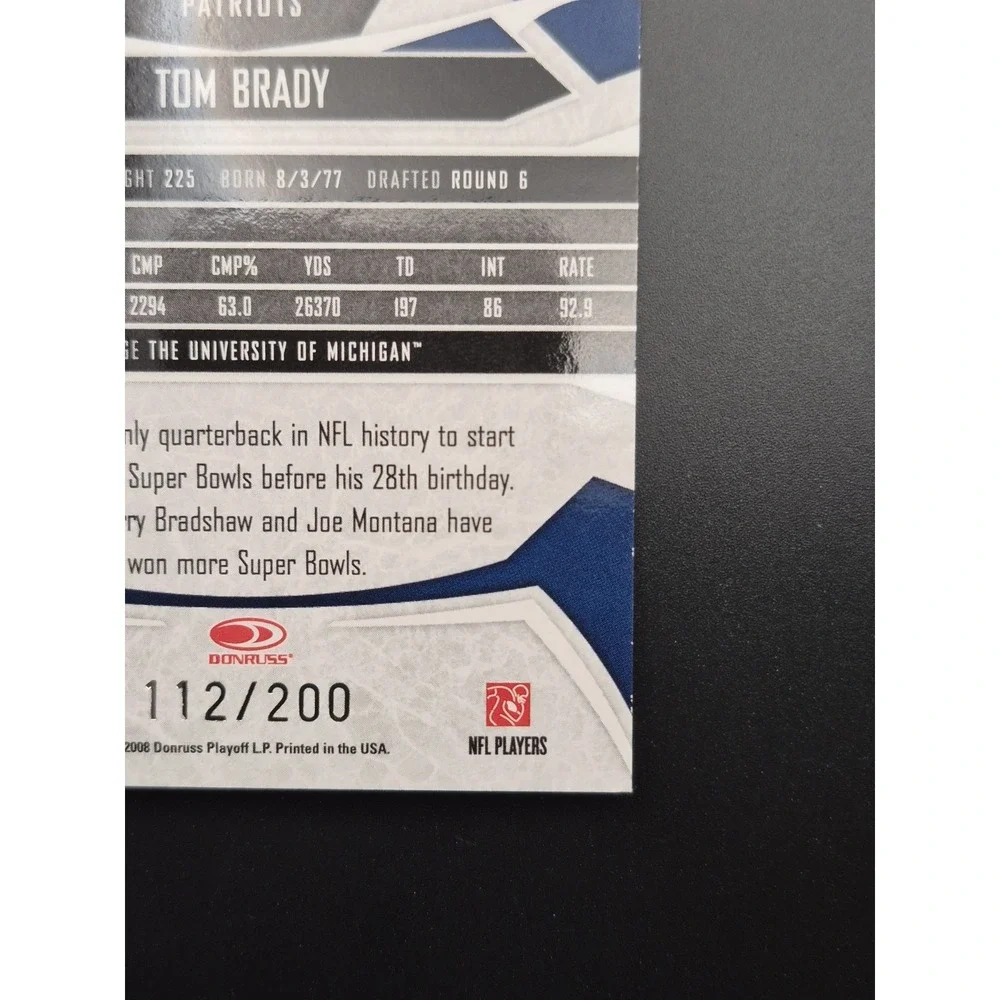 2008 Donruss Gridiron Gear Tom Brady #58 Gold Holifoil 112/200 Patriots